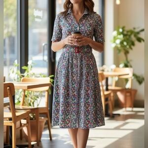 Uniqlo x Ines de la Fressange Paris Floral Shirt Dress Belted Cotton Midi Size S
